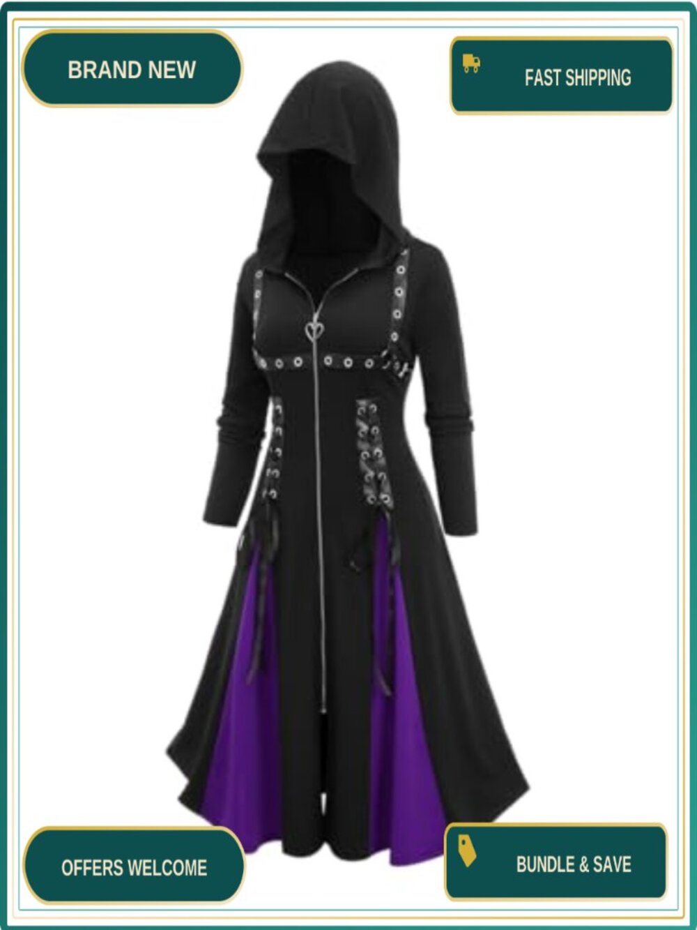 Plus Size Gothic Lace Up Long Hooded Trench Coat Lightweight Polyurethane